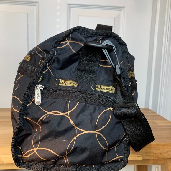 LeSportsac Black & Gold Geometric Nylon Duffel Bag – Weekender Travel Tote w/ St - Picture 5 of 12